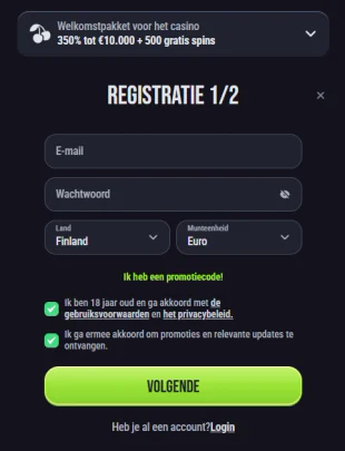 Registratieformulier van Slimking Casino met e-mailadres, wachtwoord, land en valuta